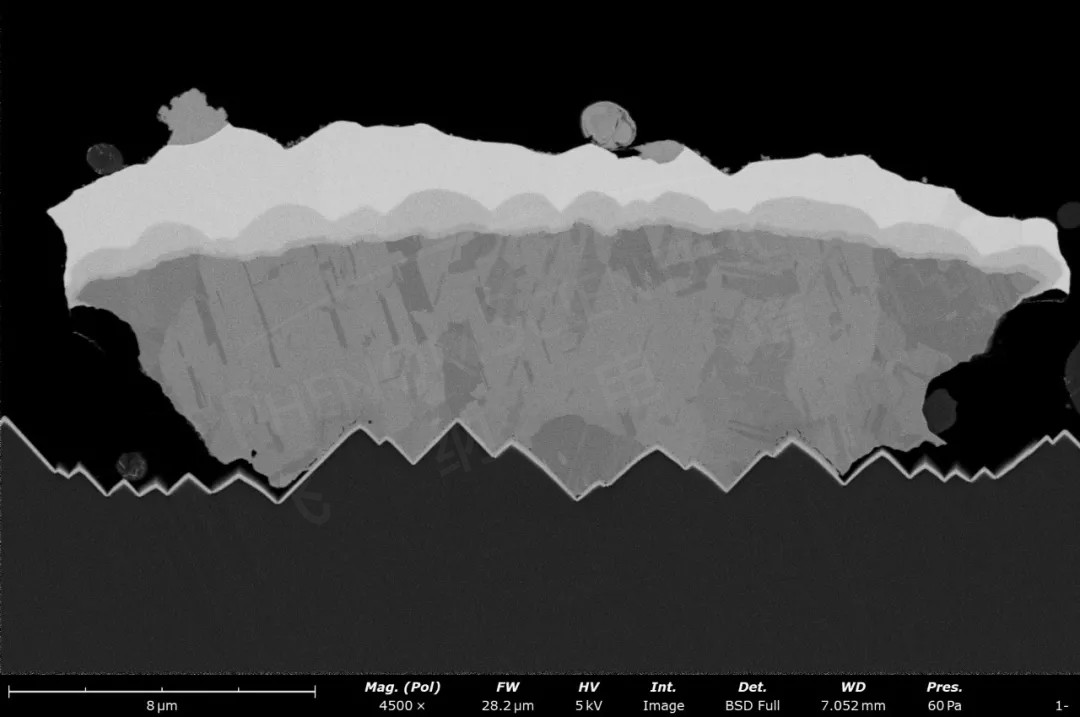 銅電極,Cu晶粒形態(tài),兩層金屬間 IMC 相,以及與硅片結(jié)合處的孔缺陷掃描電鏡圖
